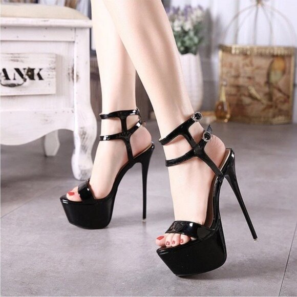Black Patent Platform Stiletto Heels Strappy Sandals Size 8 New Without Box - Picture 1 of 12